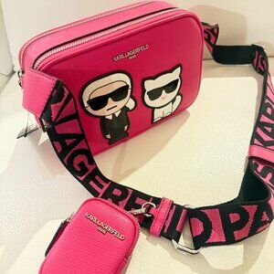 NWT KARL LAGERFELD PARIS MAYBELLE CROSSBODY BAG FUCHSIA W AIRPOD CASE